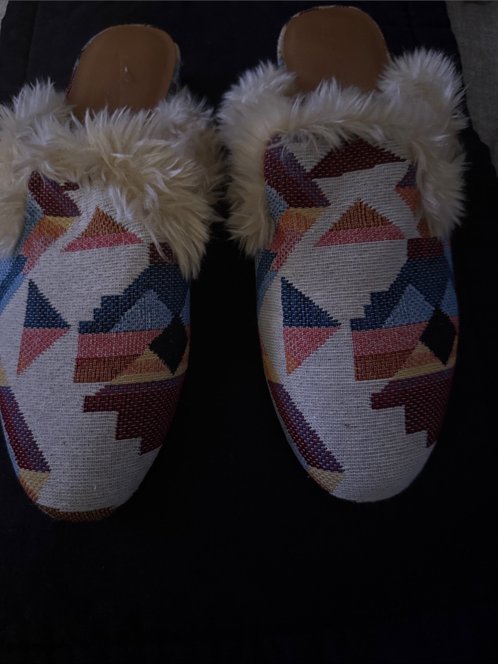 Faux Fur Trim Geometric Pattern Slip-On Mules - Multicolor